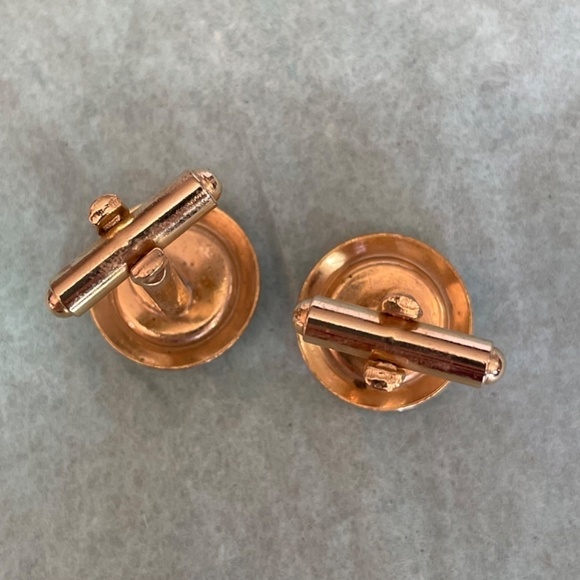 VTG Cuff Links Rose Gold Coloring Black Center with Clear Stone Chip Middle - Picture 3 of 5